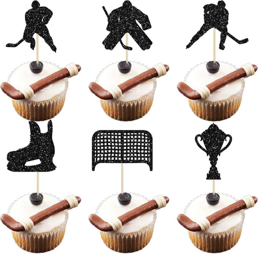 24Pcs Hockey Cupcake Toppers Black Glitter Hockey Players Cupcake Picks Ice Hockey Sports Theme Cake Decorations for Baby Shower Boys Girls Birthday Party Cake Decorations Supplies