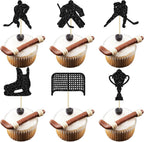 24Pcs Hockey Cupcake Toppers Black Glitter Hockey Players Cupcake Picks Ice Hockey Sports Theme Cake Decorations for Baby Shower Boys Girls Birthday Party Cake Decorations Supplies