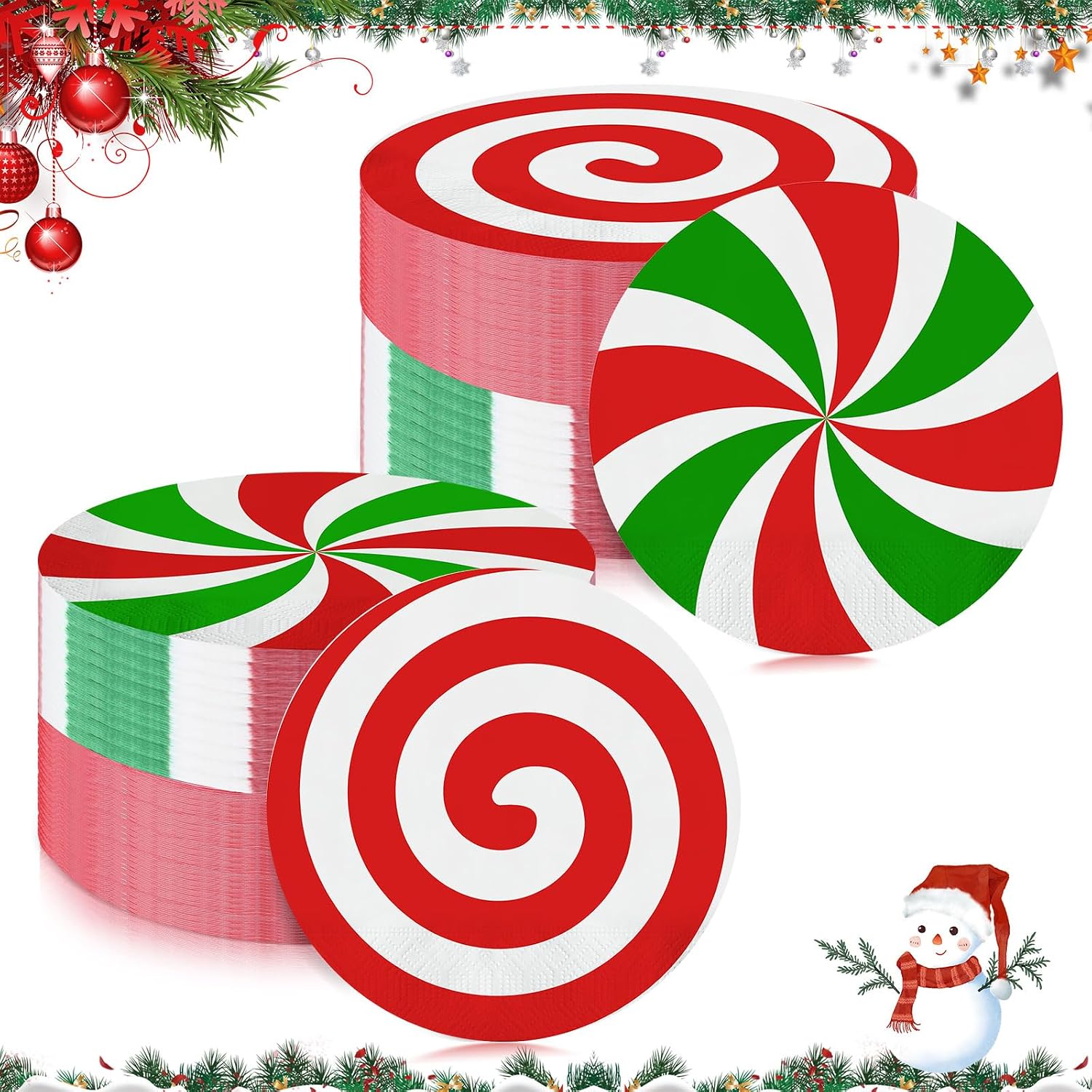 Engrowtic 100 Pcs Christmas Candy Paper Napkins Peppermint Christmas Cocktail Napkins 6.3 x 6.3 Inch Red Green Striped Round Lollipop Paper Towels for Xmas Dinner Winter Holiday Party Supplies