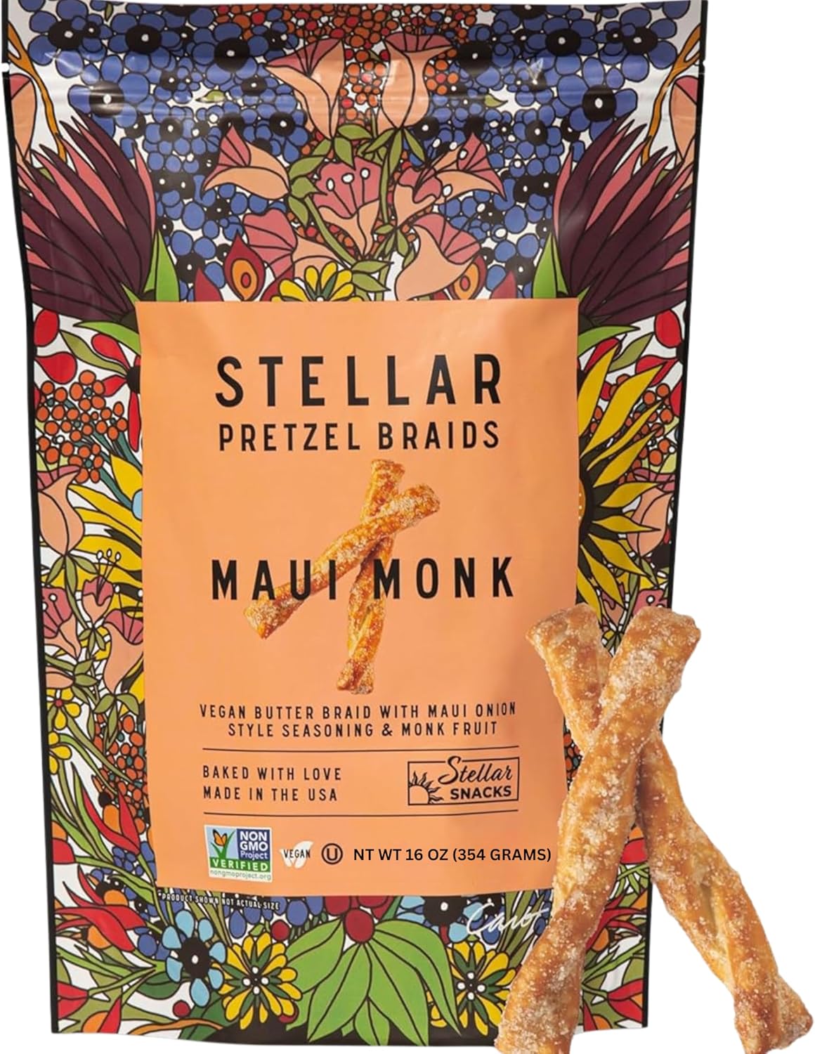 Stellar Snacks Maui Monk Pretzels, 16 Oz Large Resealable Bag, Vegan, Non-GMO, Gourmet Pretzel Sticks, Braids, Rods, Twists (16 Ounce, Maui Monk)