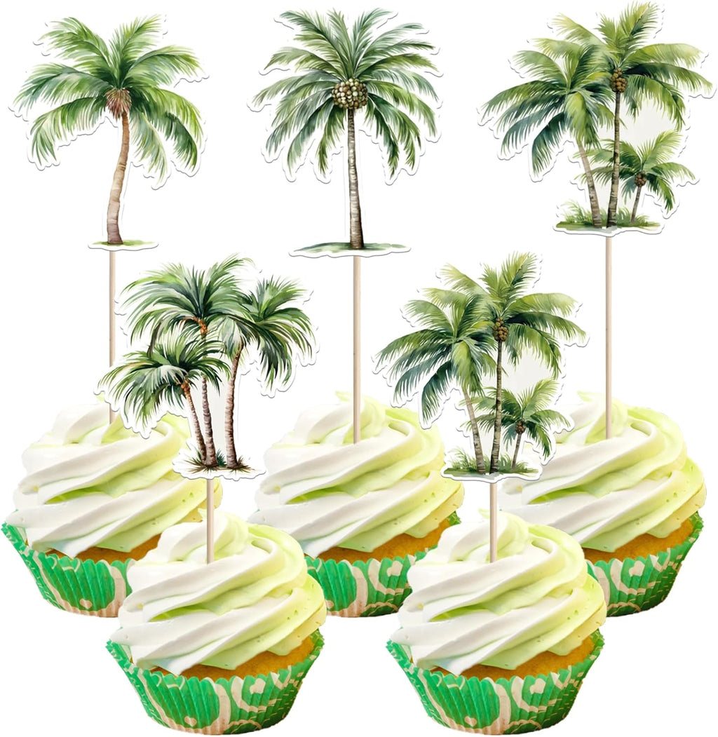 40 PCS Palm Tree Cupcake Toppers Double Sided Green Palm Tree Coconuts Cupcake Picks for Tropical Summer Beach Hawaii Luau Theme Baby Shower Birthday Party Cake Decorations Supplies