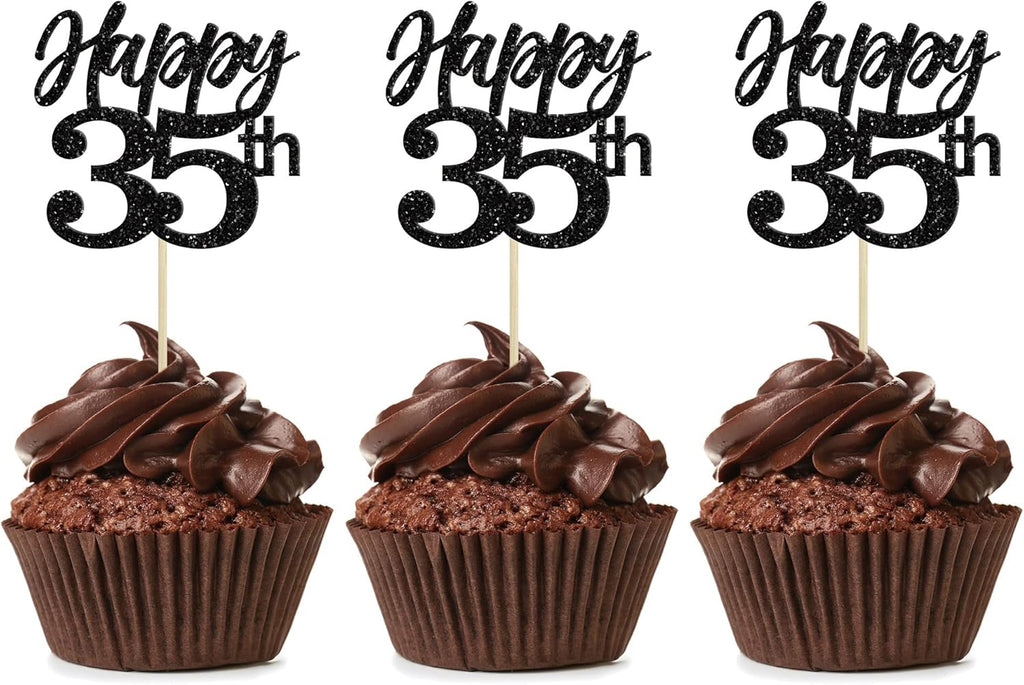 Gyufise 24Pcs Happy 35th Cupcake Toppers Glitter Number 35 Cupcake Picks Decorations for 35th Birthday Wedding Anniversary Party Supplies Black