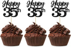 Gyufise 24Pcs Happy 35th Cupcake Toppers Glitter Number 35 Cupcake Picks Decorations for 35th Birthday Wedding Anniversary Party Supplies Black