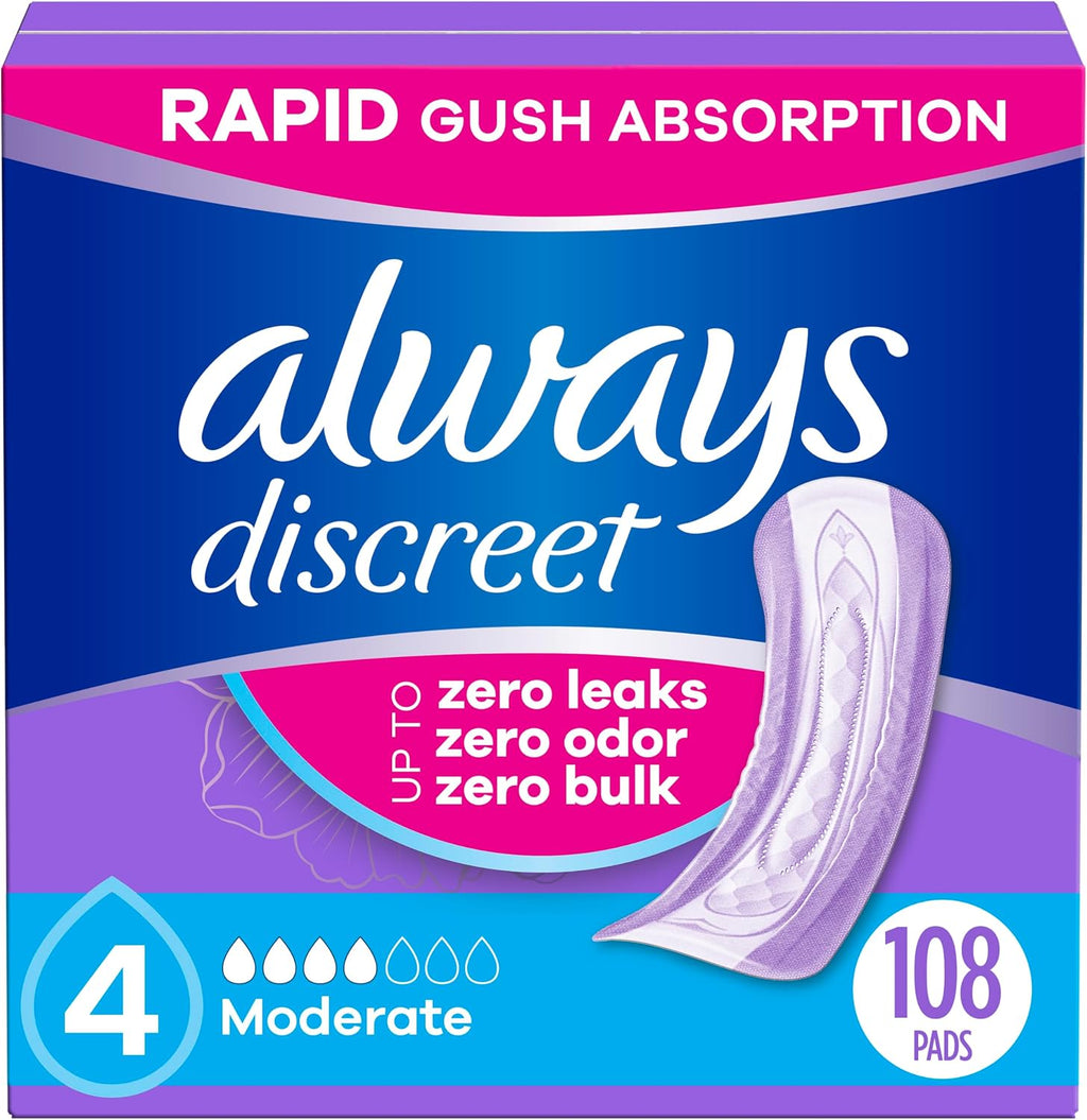 Always Discreet Adult Incontinence Pads for Women, Drier, 4 Drop Regular Length, Moderate Absorbency, Pads for Bladder Control Management, Bladder Leaks, & Postpartum Pads, 108ct