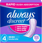Always Discreet Adult Incontinence Pads for Women, Drier, 4 Drop Regular Length, Moderate Absorbency, Pads for Bladder Control Management, Bladder Leaks, & Postpartum Pads, 108ct