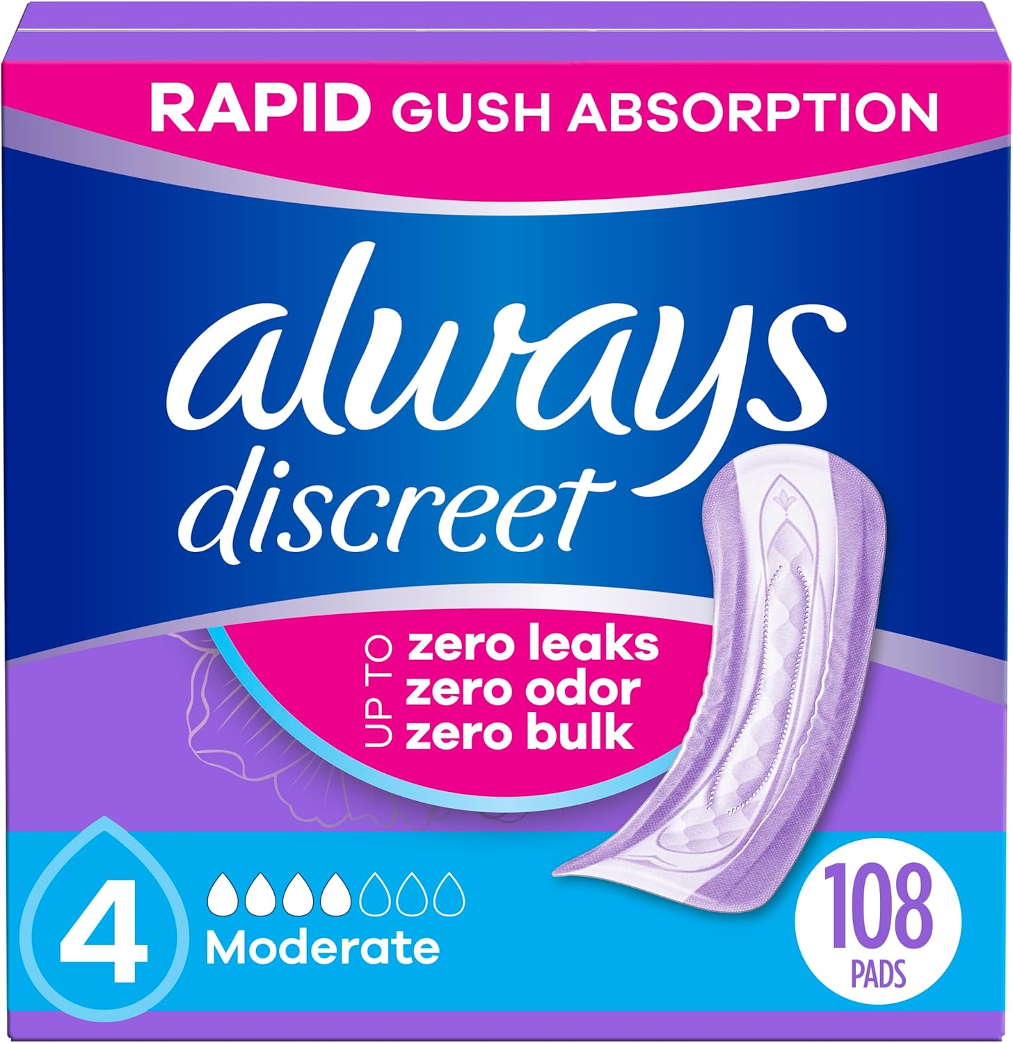 Always Discreet Adult Incontinence Pads for Women, Drier, 4 Drop Regular Length, Moderate Absorbency, Pads for Bladder Control Management, Bladder Leaks, & Postpartum Pads, 108ct