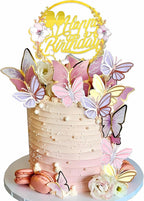 35PCS Butterfly Cake Topper Decorations with Artificial Flowers for Anniversary Butterfly Birthday Supplies (Pink Gold)