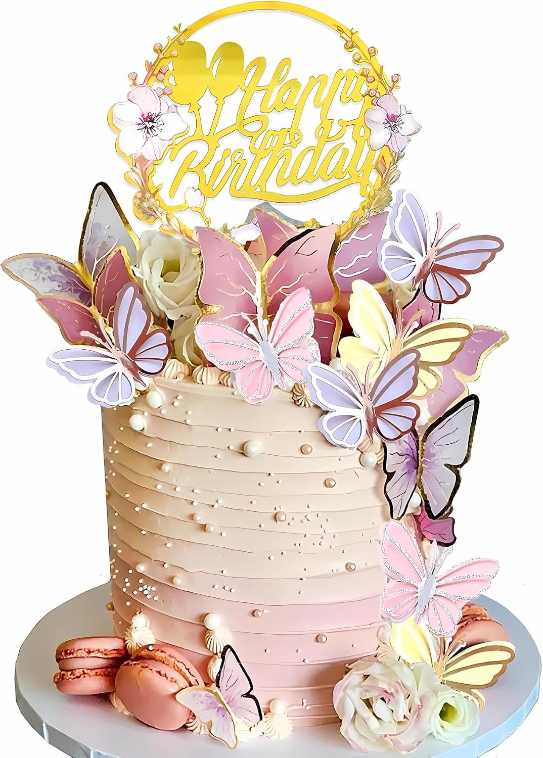35PCS Butterfly Cake Topper Decorations with Artificial Flowers for Anniversary Butterfly Birthday Supplies (Pink Gold)