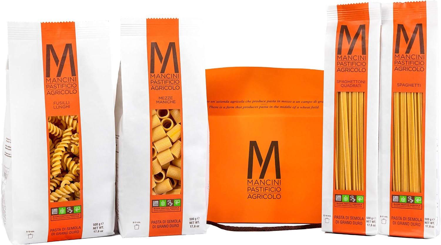 Mancini Pastificio Agricolo Pasta Mancini Handy Mini Gift Box - Includes Mezze Maniche,Fusilli Lunghi,Spaghetti and Spaghettoni Quadrati