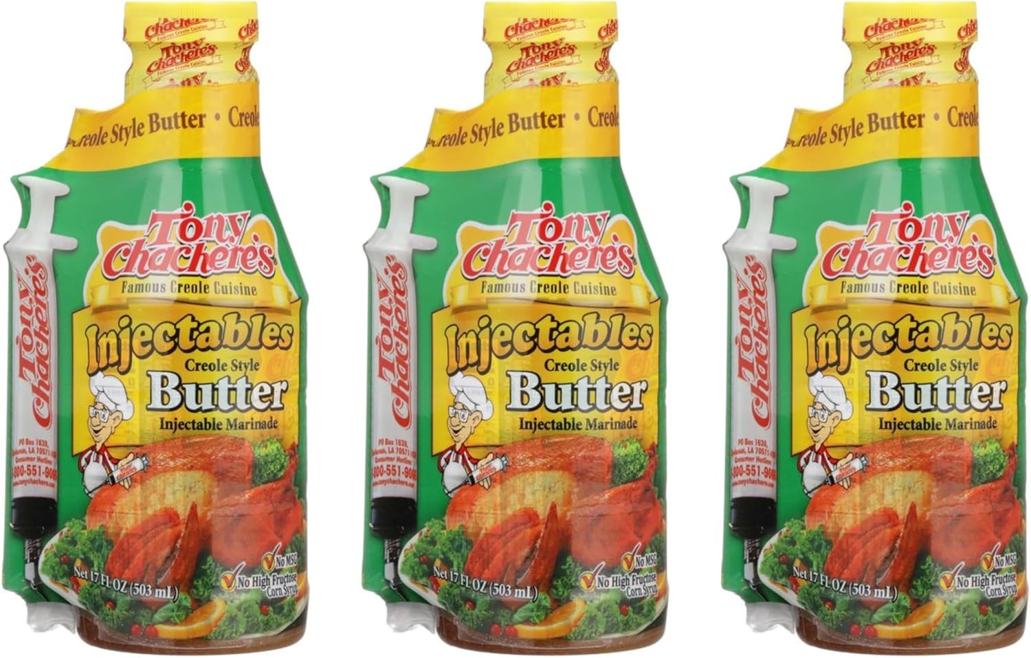 Tony Chachere Injectable Marinades with Injector, Creole Style Butter, 3 Count