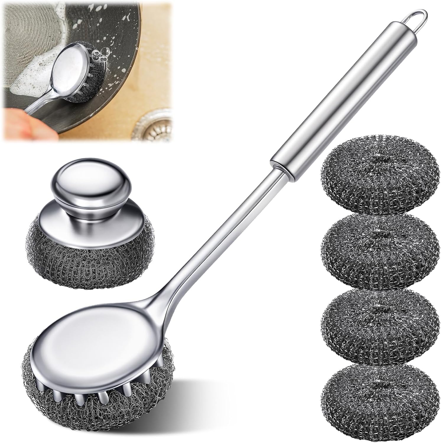 SiliFine 6 Pack Stainless Steel Scrubber with Handle, Silver Stainless Steel Pan Cleaner Deep Cleaning Scrubber for Dishes Tableware Home Kitchen Cast Iron, Stock Pots, Pans