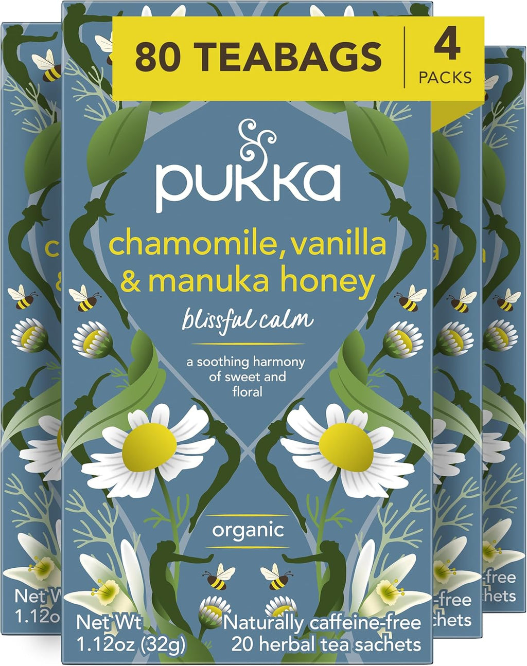 Pukka Calming Chamomile, Vanilla & Manuka Honey Organic Herbal Tea, Soothing Organic Tea Infusion Selection, Honey & Fennel Blend, Caffeine Free, 80 Total Bags (20ct - Pack of 4)