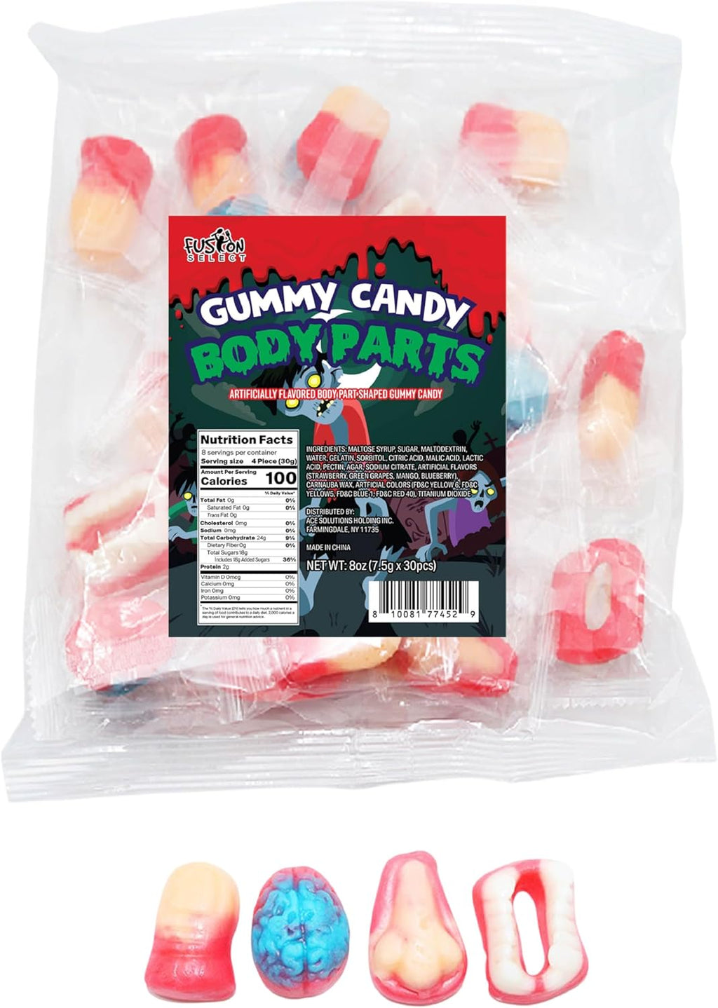 Fusion Select 8 Oz Individually Wrapped Gummy Body Parts Candy - Halloween Gummies & Trick or Treat Candy for Party & Goodie Bags - Spooky Assortment of Brain, Teeth, Fingers & Nose Candies