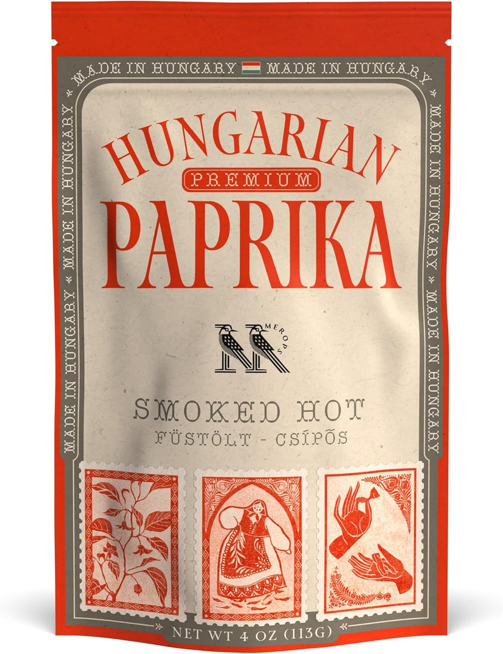 Premium SMOKED HOT Hungarian Paprika Powder (4 oz) - Non-GMO - Vibrant Deep Red Color - Origin: Szeged Region, Hungary - Authentic Seasoning Spice in Resealable Bag by MEROPS
