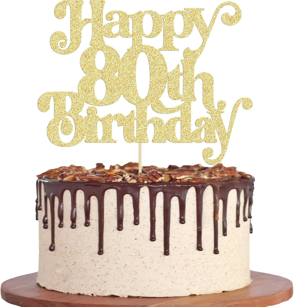 Gyufise 1Pc Happy 80th Birthday Cake Topper Glitter Happy Birthday Cake Pick Cheers to 80 Years for 80th Anniversary Wedding Party Cupcake Decorations Supplies Gold