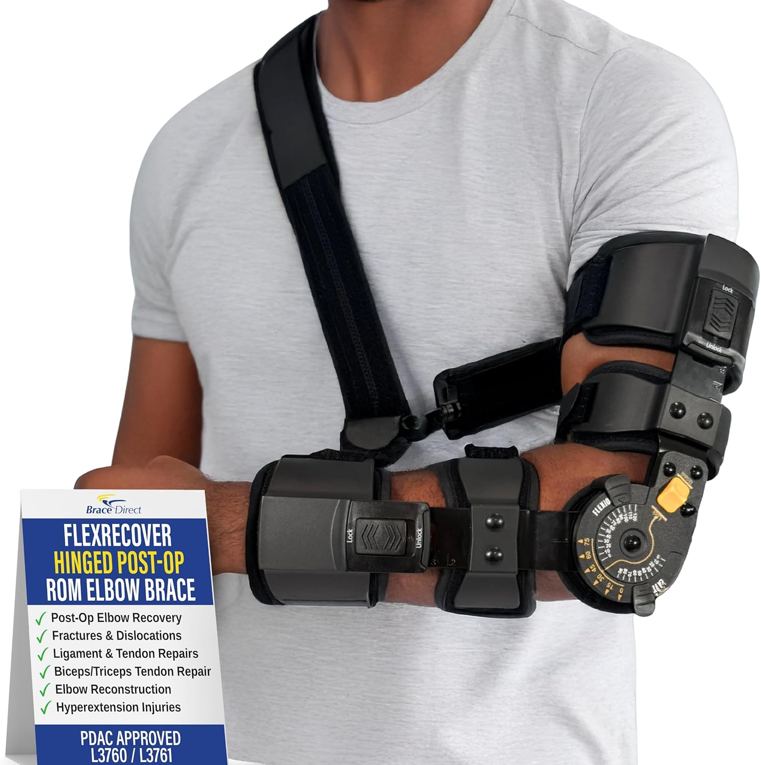 FlexRecover ROM Hinged Elbow Brace - Adjustable Post Op Elbow Stabilizer for Fractures, Ligament & Tendon Repairs, Bicep Repair, and Surgical Recovery - L3761 (Right Arm)