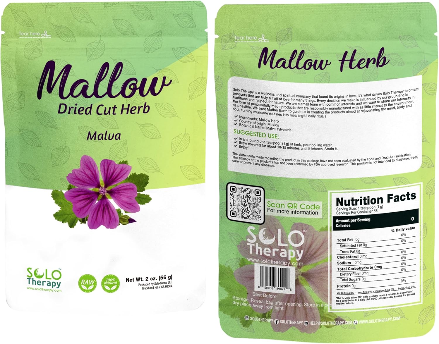 Mallow Herb 2 ounces - Resealable Bag - Malva Tea, Malva Leaves, Mallow Tea, 2 ounces, Product From Mexico