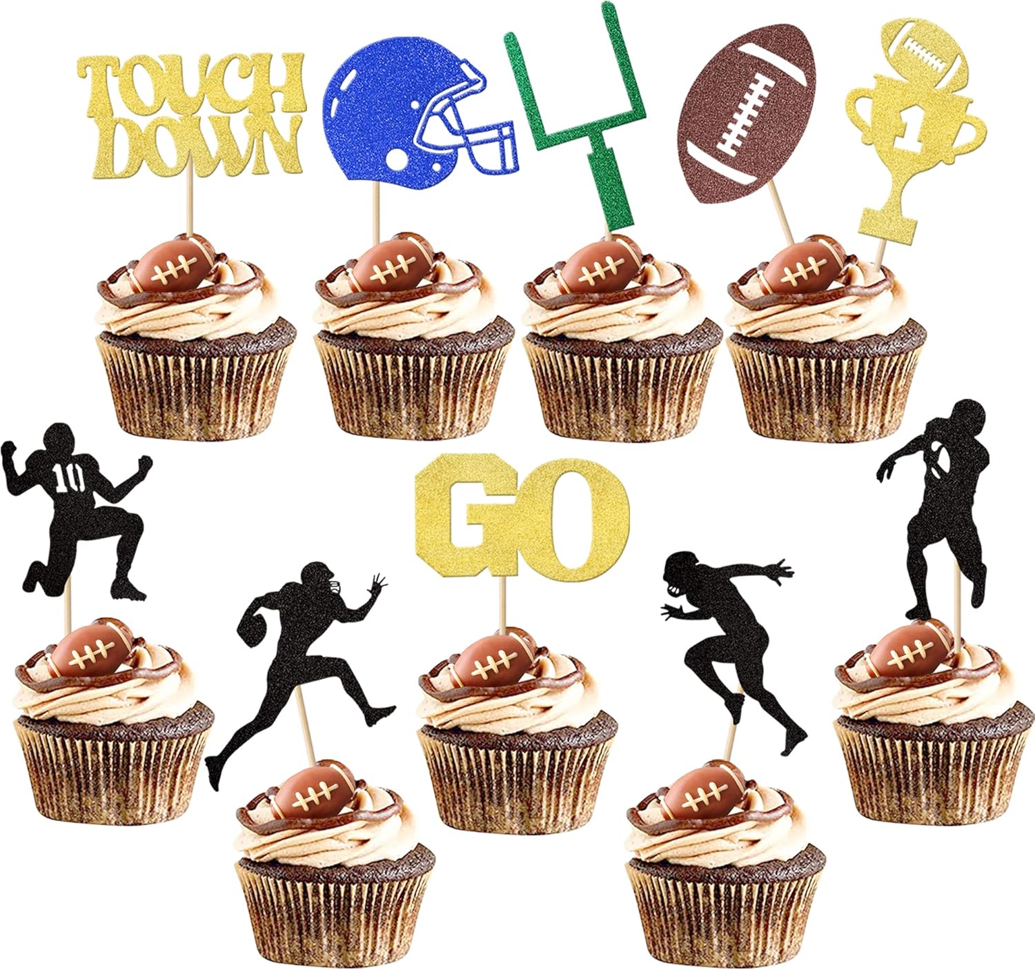 30 Pack American Football Cupcake Toppers Football Touchdown Cupcake Picks Soccer Player Cupcake Decorations for Super Rugby Sports Theme Men Boys Birthday Party Supplies