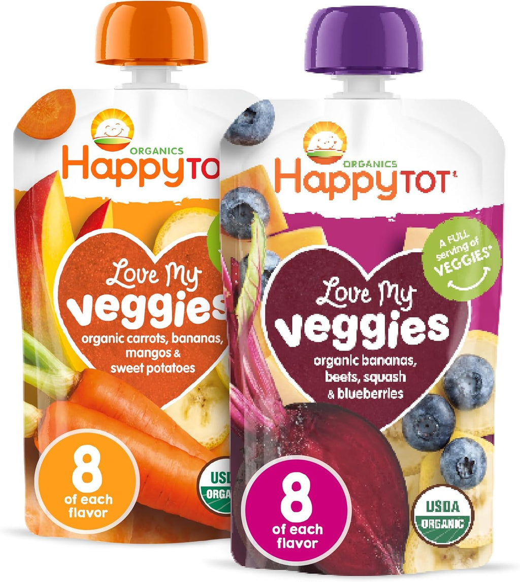 HAPPYTOT Organics Stage 4 Baby Food Pouches, Gluten Free, Vegan Snack, Love My Veggies, Fruit & Veggie Puree, Variety Pack, 4.22 Ounce (Pack of 16), Amazon Exclusive