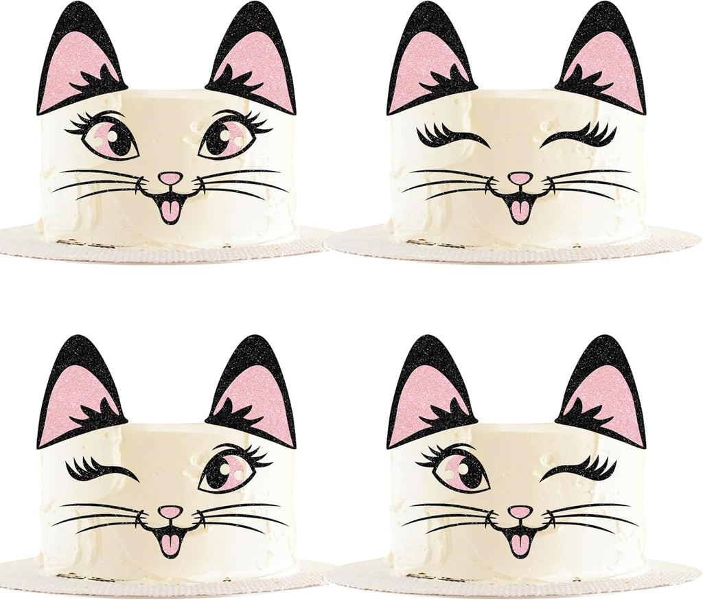 Rsstarxi 20 Pack Cat Cake Topper Cute Meow Cat Ears Eyelashes Cake Pick Set for Cat Themed Baby Shower Birthday Party Cake Decorations Supplies