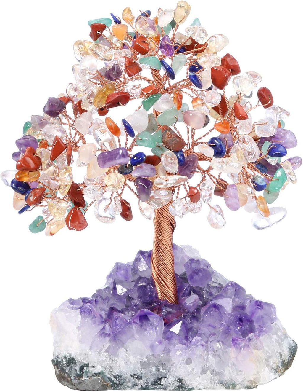 Jovivi Natural 7 Chakra Gemstone Healing Crystal Money Tree on Amethyst Cluster Geode Druzy Base Feng Shui Crystals for Home Office Desk Decorations, Wealth,Good Luck