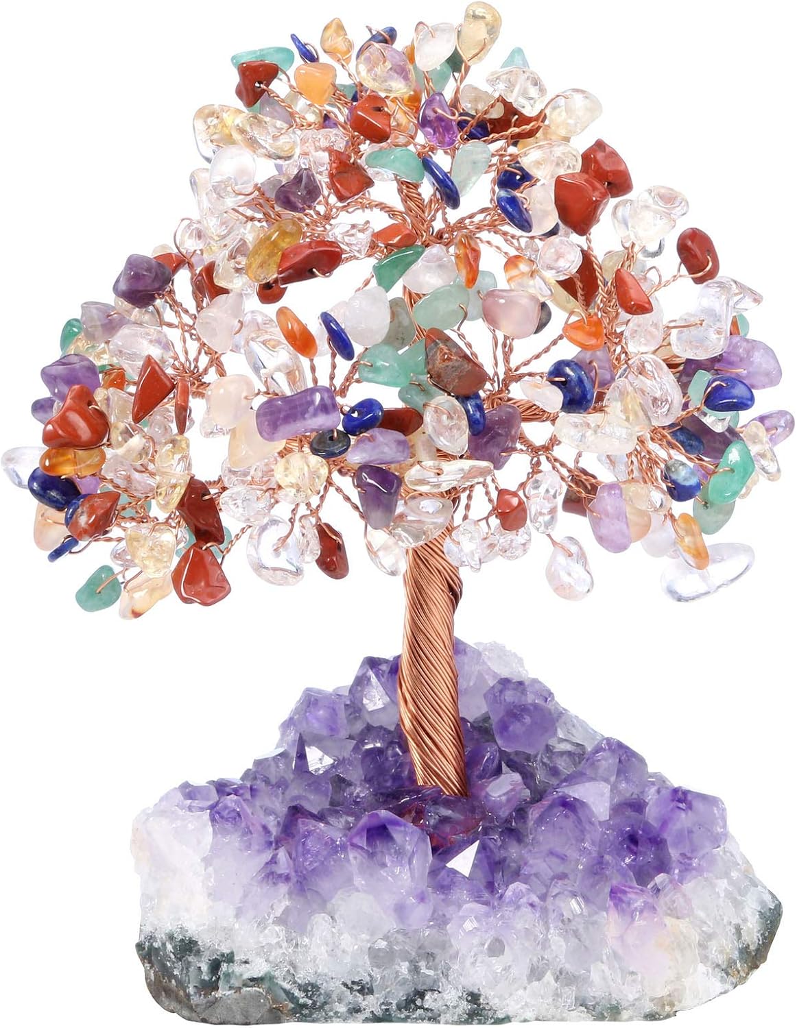 Jovivi Natural 7 Chakra Gemstone Healing Crystal Money Tree on Amethyst Cluster Geode Druzy Base Feng Shui Crystals for Home Office Desk Decorations, Wealth,Good Luck