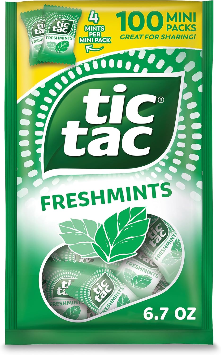 Tic Tac Freshmints, Bulk Bag with 100 Mini Packs (4 Mints each), Share-Size, On-the-Go Mints, 6.7 oz
