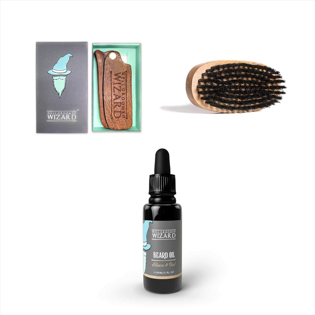 Beard Comb, Brush and Beard Oil Set, Beard Grooming Kit (Tobacco & Oud)
