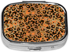 Pill Box-2 Compartment Small Pill Case Square Organizer Case with Mirror Portable Metal Medicine Box Travel Container for Pocket & Purse Women Men(Brown Leopard)