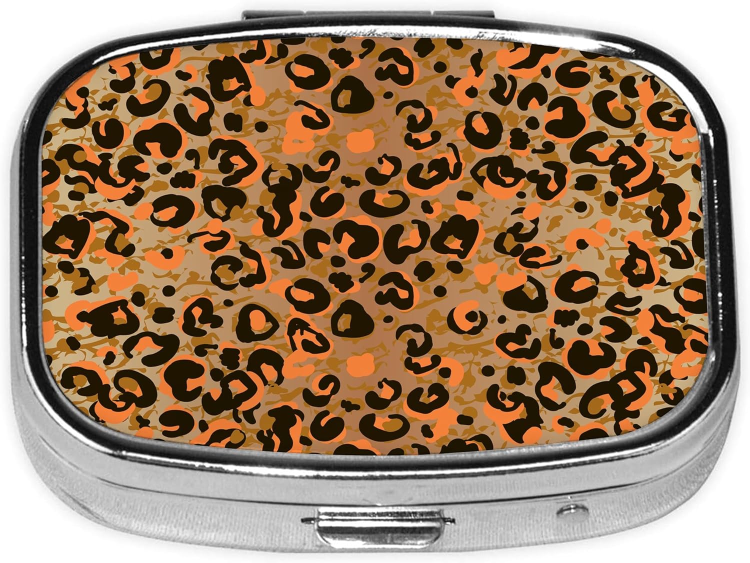 Pill Box-2 Compartment Small Pill Case Square Organizer Case with Mirror Portable Metal Medicine Box Travel Container for Pocket & Purse Women Men(Brown Leopard)