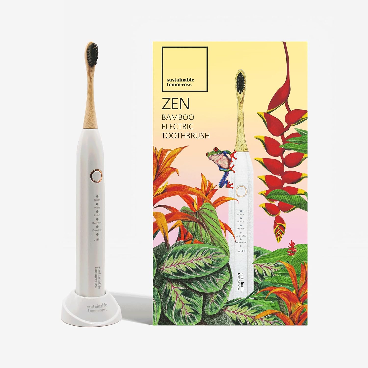 Sustainable Tomorrow Zen Bamboo Electric Toothbrush, Durable Wood-Grain ABS Handle, Rechargeable w/Plant-Based Soft Bristles, Bamboo Heads, 5 Modes & 30-Day Battery (White)