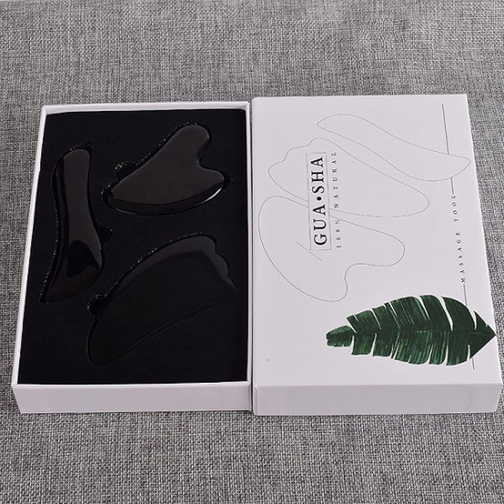 Black Obsidian Scraping Board Set Massager Crystal Stone Gua Sha Massage Tools,Set with Box