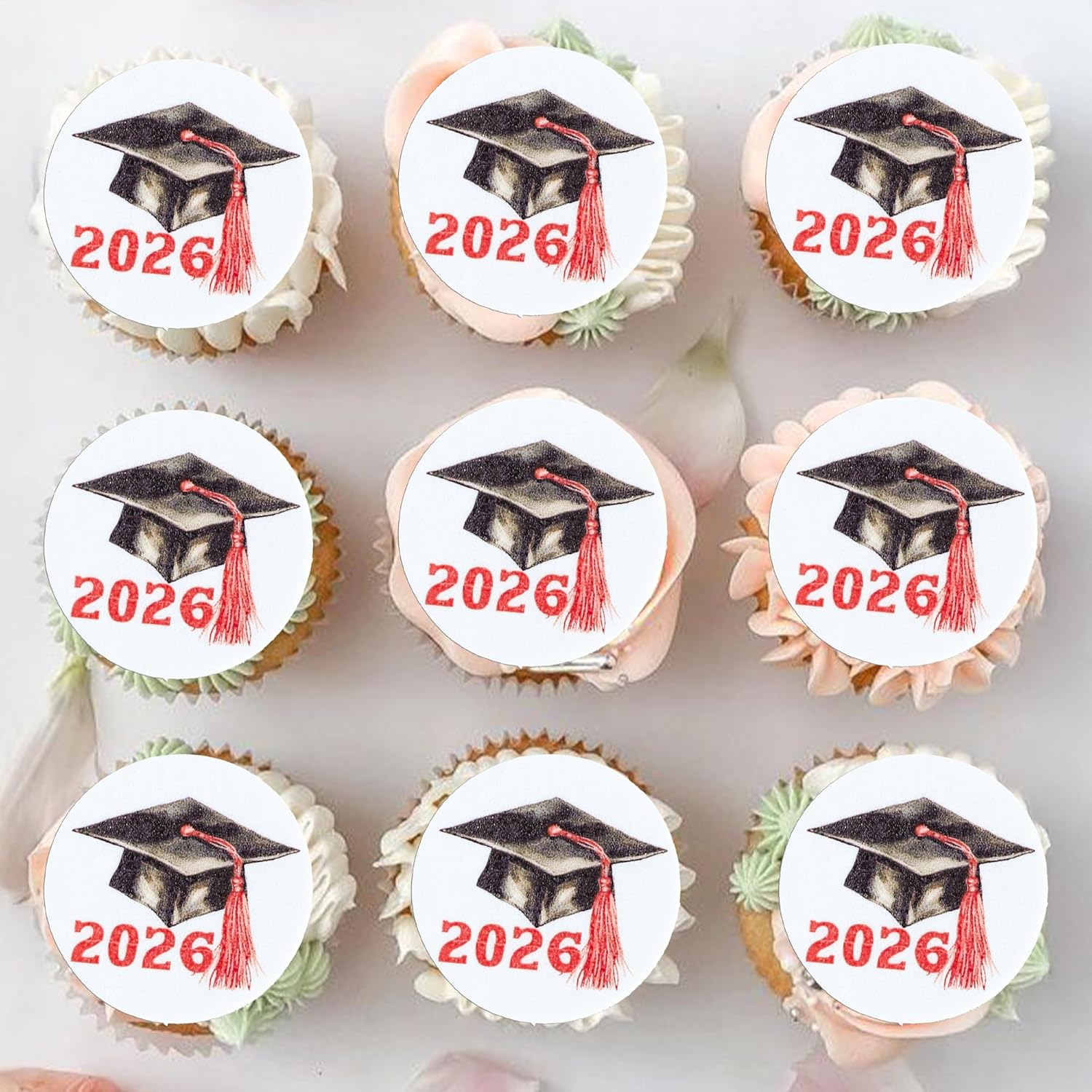 Gyufise 48Pcs Edible 2026 Graduation Cap Cupcake Toppers Wafer Paper Class of 2026 Grad Cap Cupcake Picks for 2026 Graduation Theme Party Cake Decorations Supplies Red