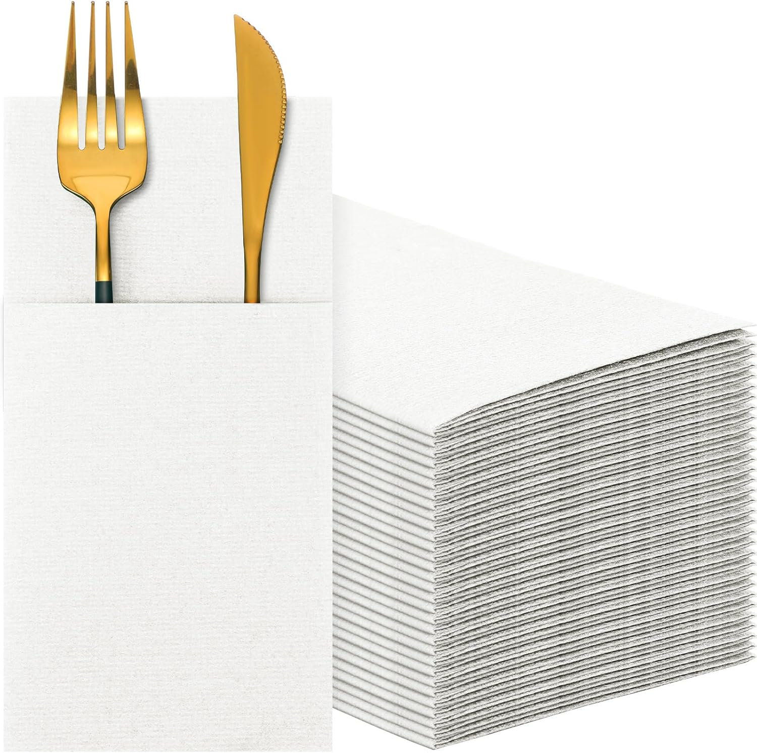 Cindeer 75 Pcs White Linen Dinner Feel Napkins with Built in Flatware Pocket Prefolded Paper Disposable Airlaid Guest Hand Towel for Silverware Wedding Reception Christmas Baby Shower