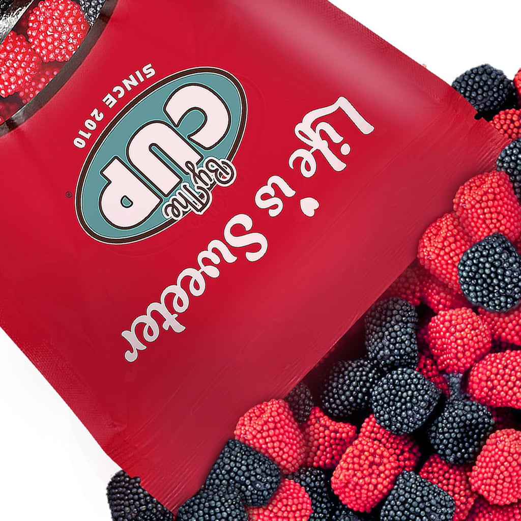 By The Cup Raspberries and Blackberries Soft Chewy Fruit Flavored Jells Covered in Candy Seeds, 2 lb Bulk Bag