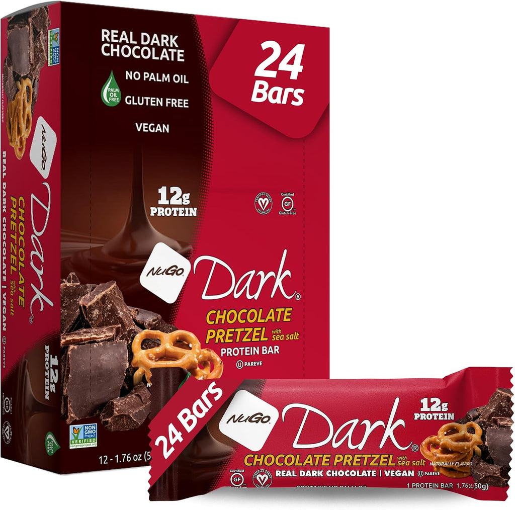 NuGo Dark Chocolate Pretzel with Sea Salt, 12g Protein Bar, Vegan, Gluten Free, Non-GMO, Kosher Pareve, 24 Count
