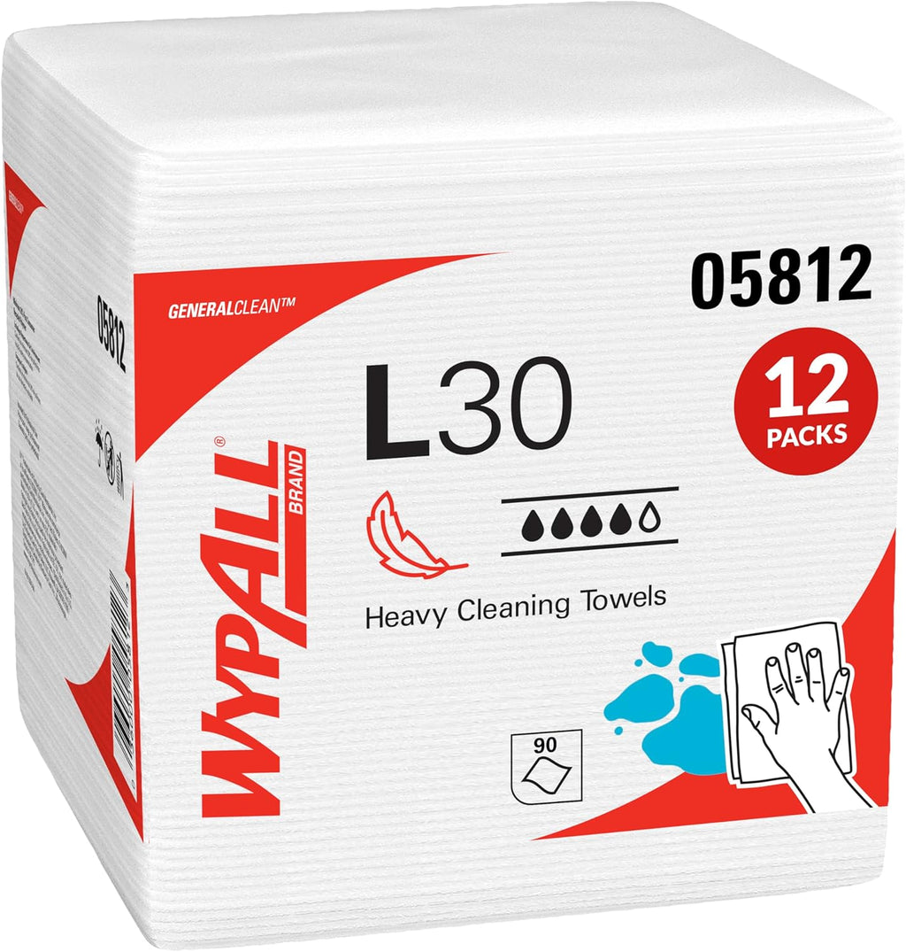 WypAll GeneralClean L30 Cloths Heavy Duty Cleaning Wipes (05812), Quarterfold, Strong and Soft Bulk Paper Wipers, White (12 Packs of 90 Sheets, 1,080 Sheet Total)