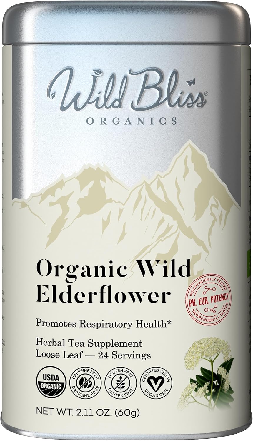Wild Bliss Organic Elderflower Tea – Immune and Respiratory Support - Caffeine Free Loose Leaf Elder Flowers - 2.11 Ounces - 24 Servings