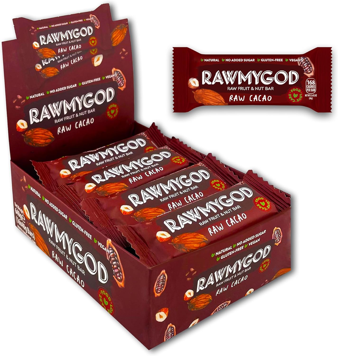 RAWMYGOD Fruit and Nut Bars, Gluten Free, Vegan, No Added Sugar (16 bars, Raw Cacao)