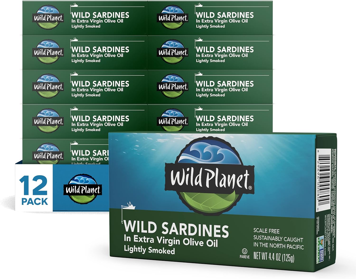 Wild Planet Wild Sardines in Extra Virgin Olive Oil, Lightly Smoked, Tinned Fish, Sustainably Wild-Caught, Non-GMO, Kosher, Gluten Free, 4.4. Ounce (Pack of 12)