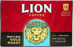 Lion Coffee Gold Roast Coffee Pods - Single-Serve Pods - Smooth Medium Roast - Arabica Coffee - Compatible with Single-Serve Brewing Systems - 12 Count Box