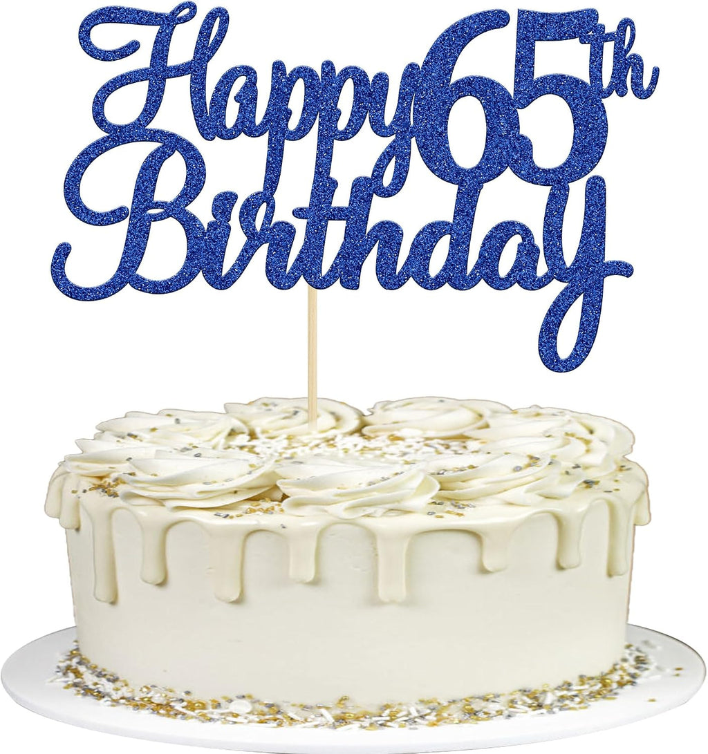 Gyufise 1Pc Happy 65th Birthday Cake Topper Blue Glitter 65th Birthday Cake Pick Cheers to 65 Years Old Sixty Five and Fabulous Cake Decorations for 65th Birthday Wedding Anniversary Party Supplies