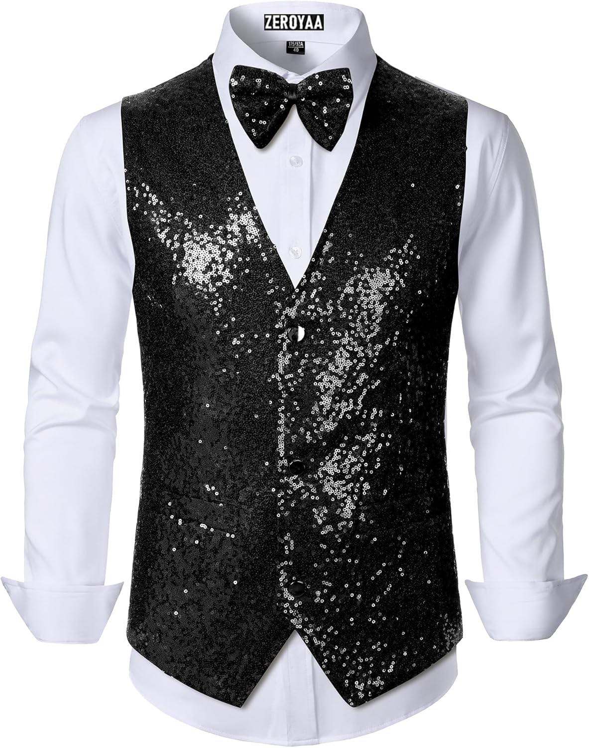 ZEROYAA Men's Sequin Vest Slim Fit 70s Shiny Waistcoat Bowtie Set Disco Prom Party Tuxedo