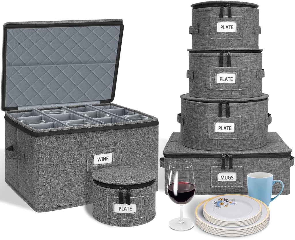 punemi 6-Piece Hard Shell China Storage Containers, Mug & Cup Organizer, Wine Glass Storage Boxes with Dividers & Carry Handles, Moving Boxes for Dinnerware, Glassware, and Stemware,Grey