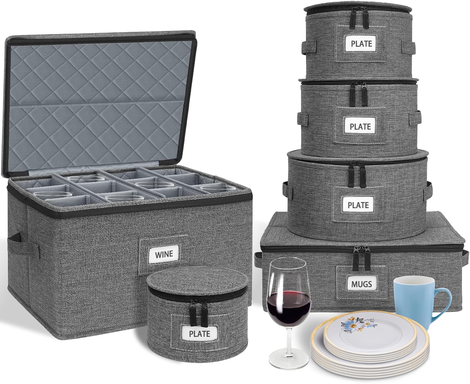punemi 6-Piece Hard Shell China Storage Containers, Mug & Cup Organizer, Wine Glass Storage Boxes with Dividers & Carry Handles, Moving Boxes for Dinnerware, Glassware, and Stemware,Grey