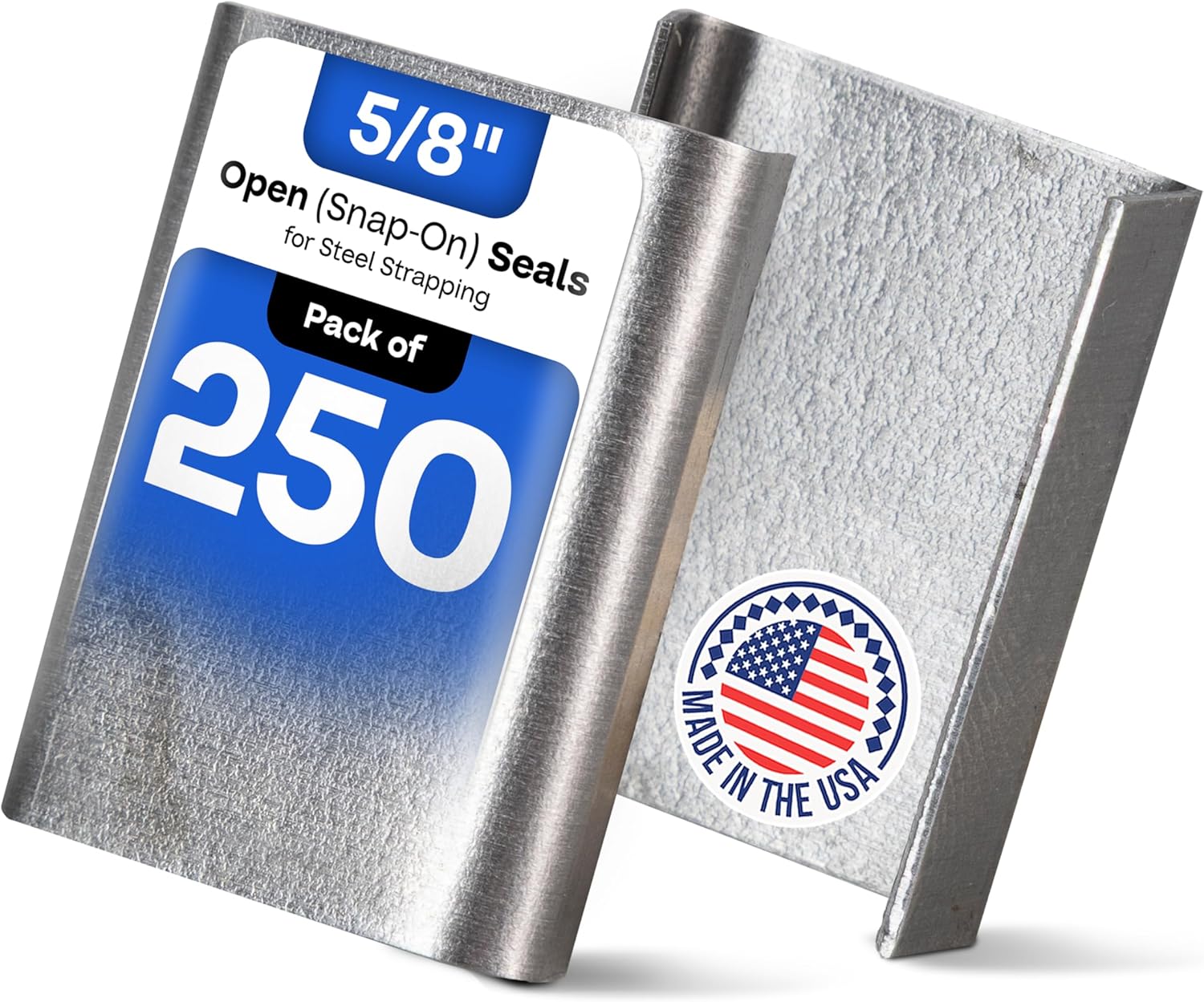 IDL Packaging 5/8" Open (Snap-On) Seals for Steel Strapping, Pack of 250 - USA-Made Sturdy Metal Clips for Securing Heavy Packaging and Pallet Banding - Superior Holding Power for Steel Banding Jobs