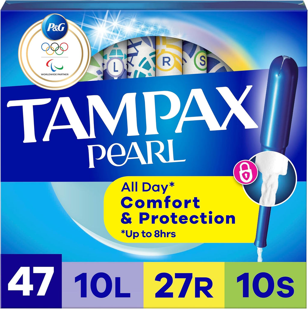 Tampax Pearl Tampons for Women Multipack, with LeakGuard Braid, Light/Regular/Super Absorbency, Unscented, 47 Count