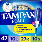 Tampax Pearl Tampons for Women Multipack, with LeakGuard Braid, Light/Regular/Super Absorbency, Unscented, 47 Count