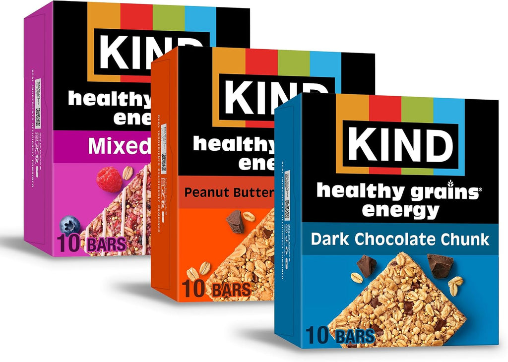 KIND Healthy Grains Energy® Bars 30ct Variety Pack, Dark Chocolate Chunk, Peanut Butter Dark Chocolate, and Mixed Berry, 18-21g Whole Grains, Made with Super Grains, Gluten Free Snacks