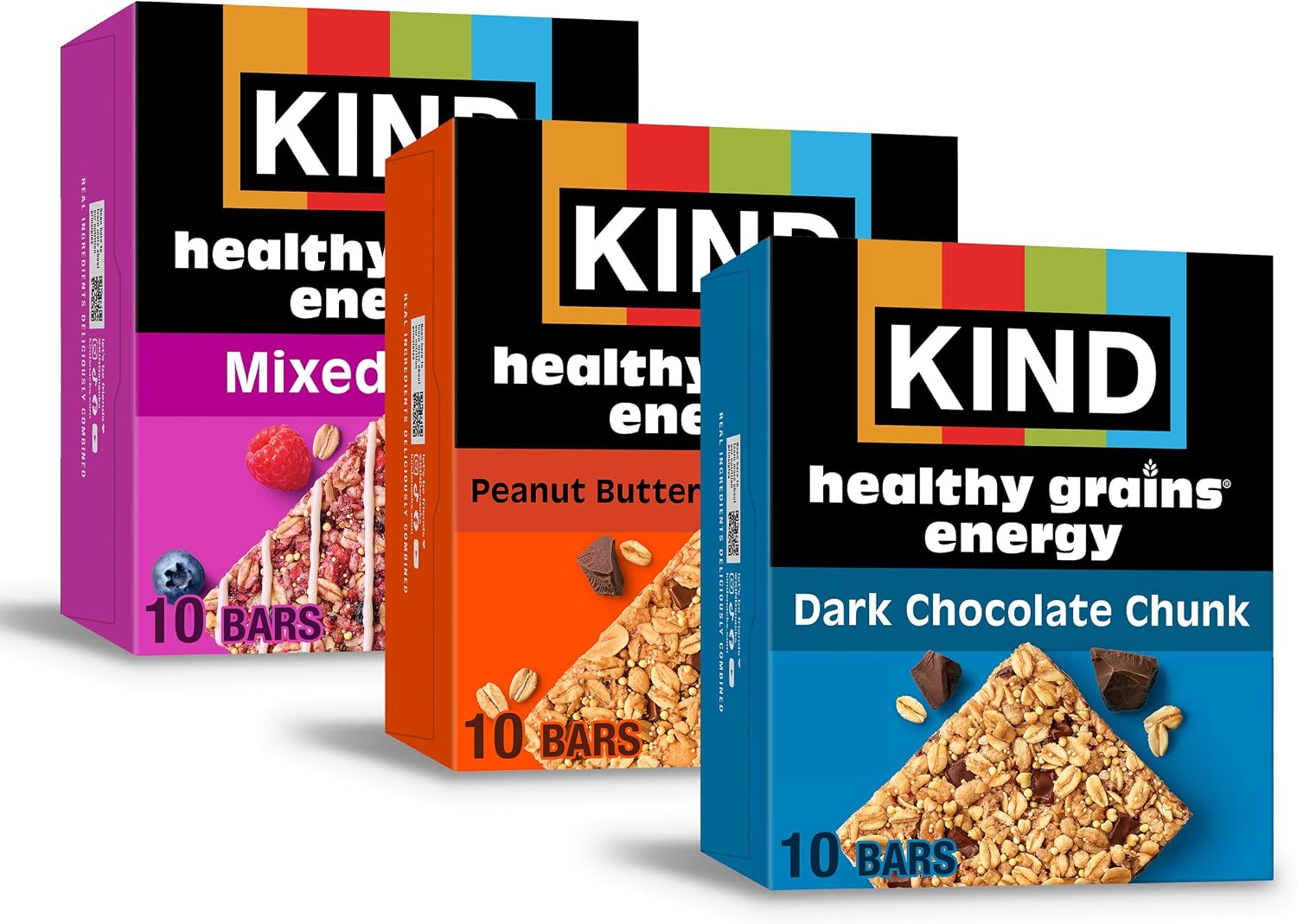 KIND Healthy Grains Energy® Bars 30ct Variety Pack, Dark Chocolate Chunk, Peanut Butter Dark Chocolate, and Mixed Berry, 18-21g Whole Grains, Made with Super Grains, Gluten Free Snacks